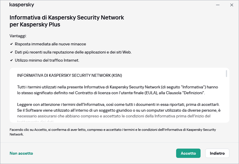 Finestra di accettazione dell'Informativa di Kaspersky Security Network GDPR