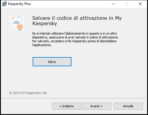 Finestra che richiede di salvare un abbonamento in My Kaspersky