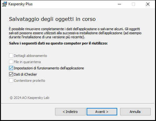 Finestra per il salvataggio delle impostazioni durante la disinstallazione di un'applicazione