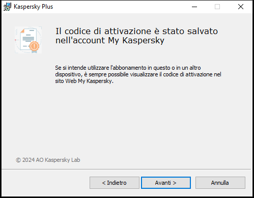 Finestra con abbonamento salvato correttamente nell'account My Kaspersky