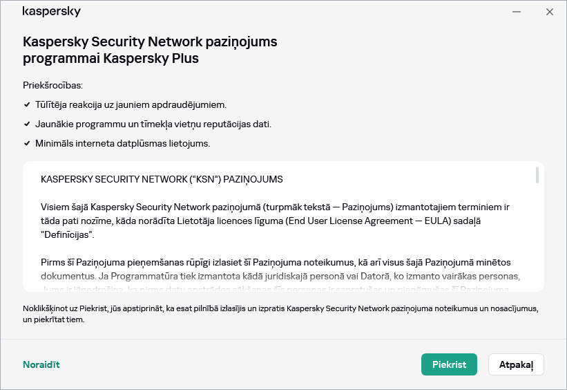 VDAR Kaspersky Security Network paziņojuma piekrišanas logs