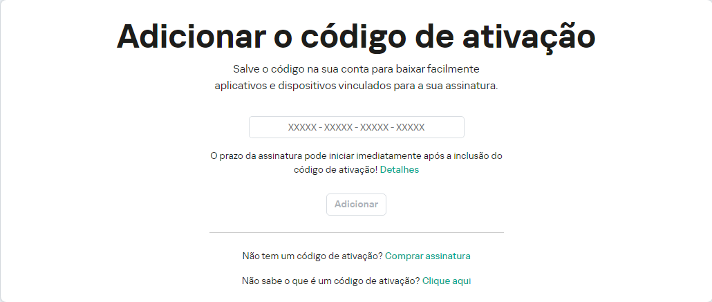 Janela para adicionar um código de ativação à sua conta