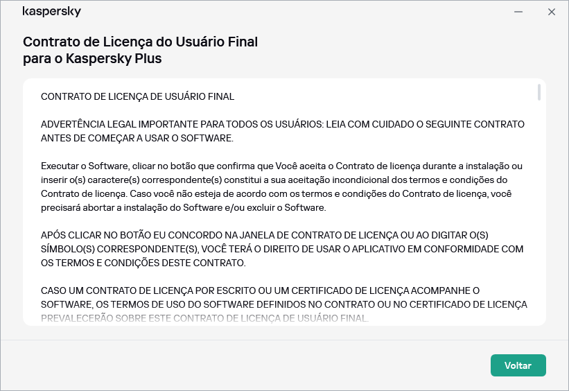 A janela que contém o texto do Contrato de Licença do Usuário Final