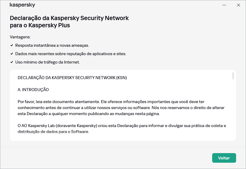 A janela de aceitação da Declaração da Kaspersky Security Network