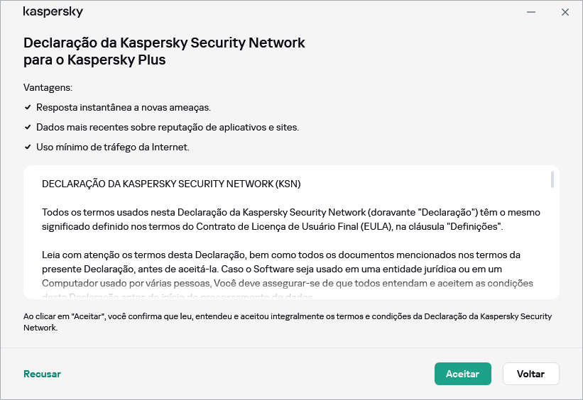 A janela de aceitação da Declaração da Kaspersky Security Network GDPR