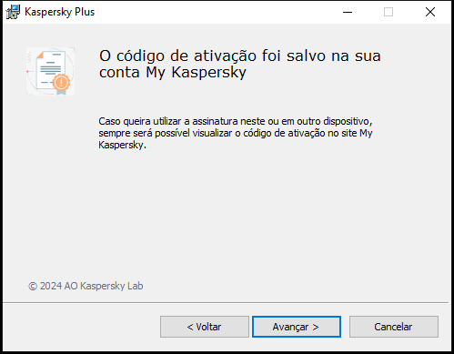 Janela com assinatura salva com sucesso na conta My Kaspersky