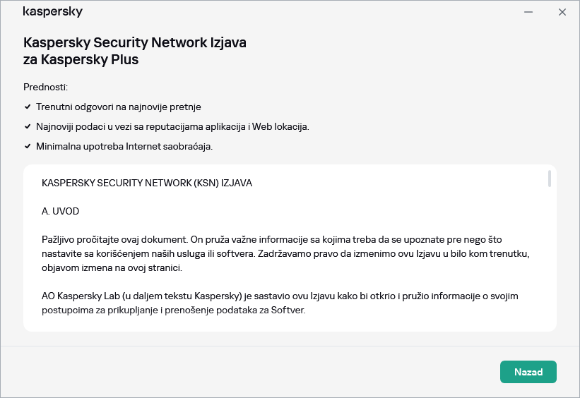 Prozor prihvatanja Kaspersky Security Network Izjave