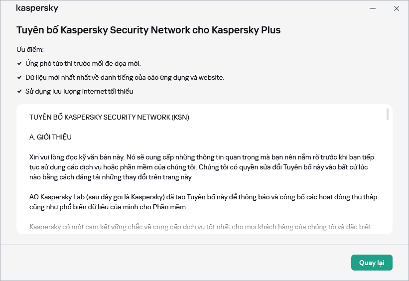 Cửa sổ chấp nhận Tuyên bố Kaspersky Security Network