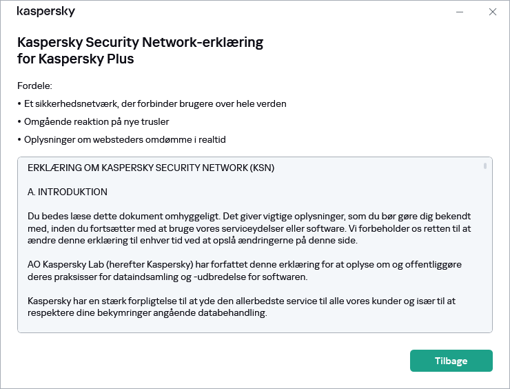 Vinduet til accept af Kaspersky Security Networks-erklæringen