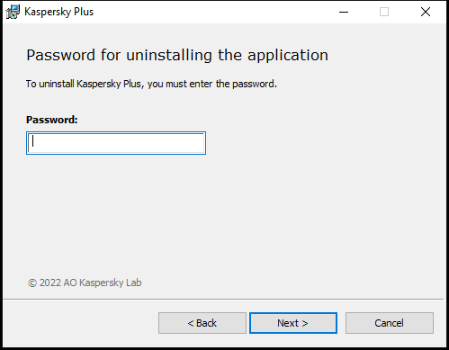 Window for entering a password to uninstall the application