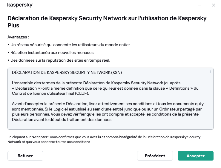 La fenêtre d’acceptation de la Déclaration RGPD de Kaspersky Security Network