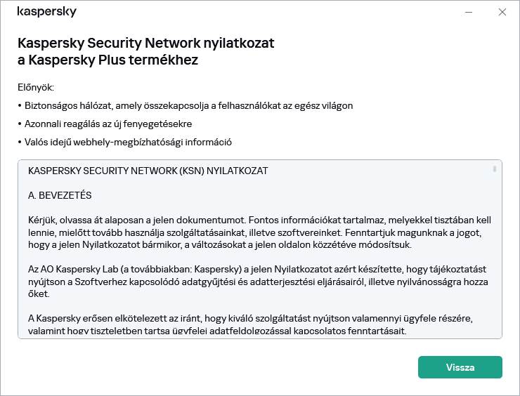 A Kaspersky Security Network nyilatkozat elfogadási ablaka