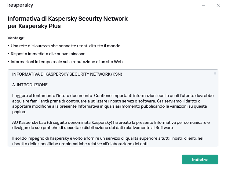 Finestra di accettazione dell'Informativa di Kaspersky Security Network