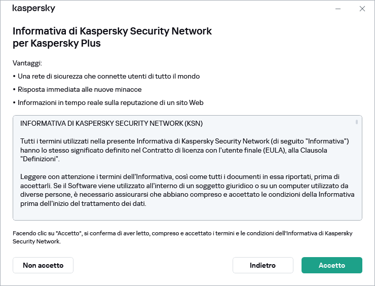 Finestra di accettazione dell'Informativa di Kaspersky Security Network GDPR
