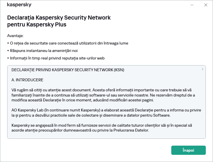 Fereastra de acceptare a Kaspersky Security Network Statement