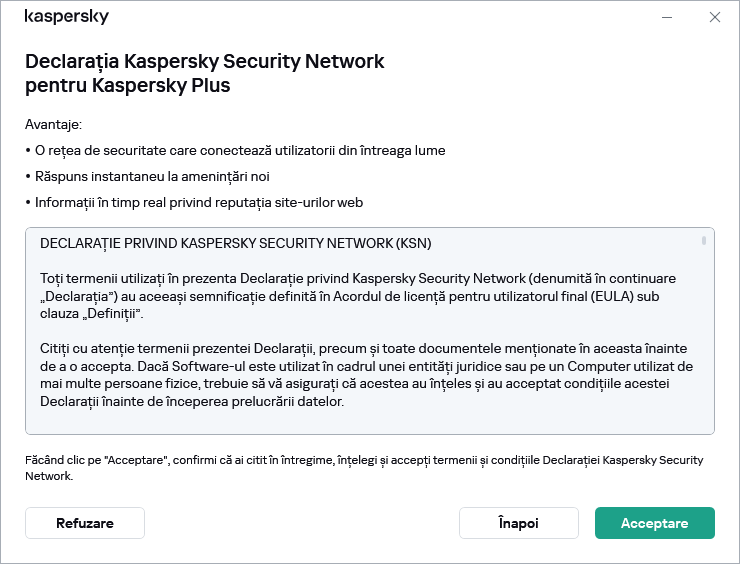 Fereastra RGPD de acceptare a Kaspersky Security Network Statement