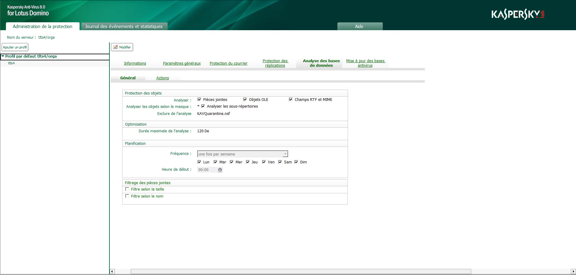 Fenêtre de la base de données Centre d'administration en mode de consultation des paramètres du profil