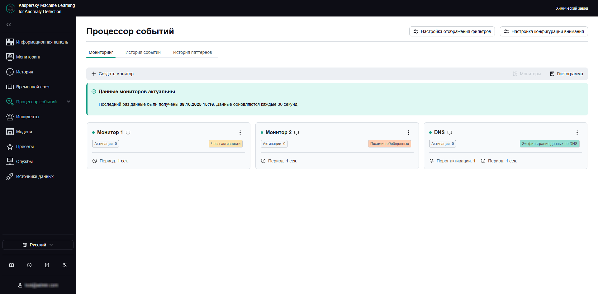 Вкладка "Мониторинг" содержит карточки созданных мониторов.
