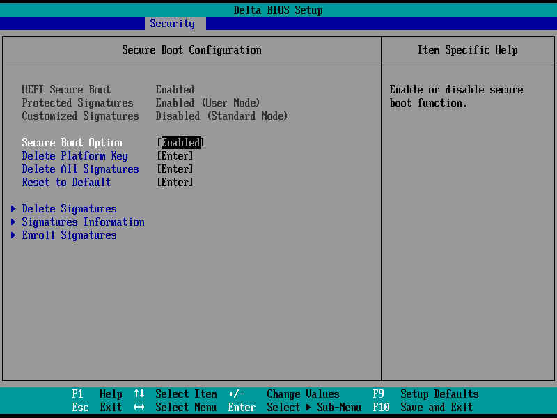 Меню Secure Boot Configuration в BIOS.