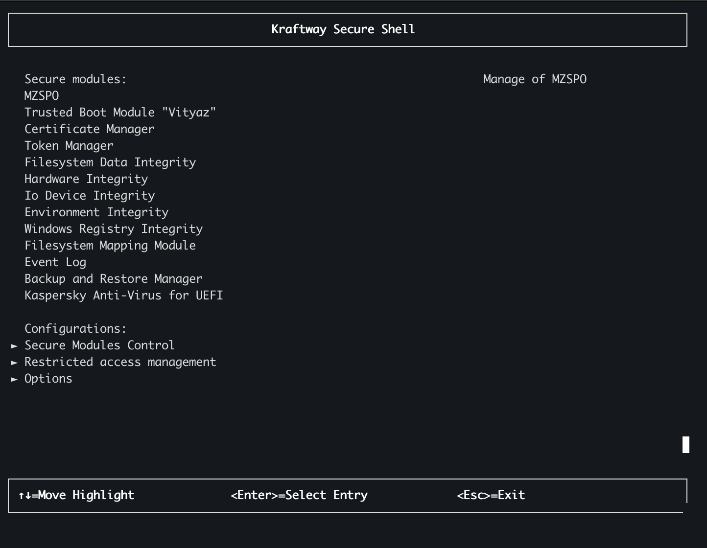 Раздел Kraftway Secure Shell в BIOS.