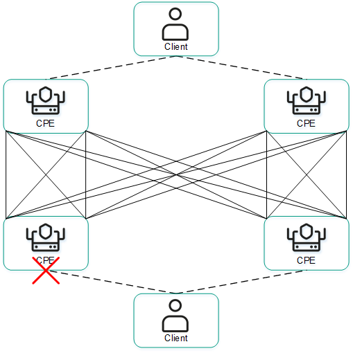 The diagram shows two client locations connected by four CPE devices; a WAN interface of one device has failed.