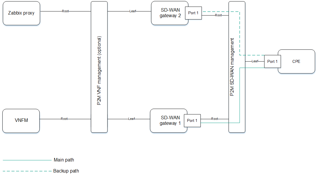 The diagram shows the primary path and reserve paths from the CPE device to the SD-WAN gateways.