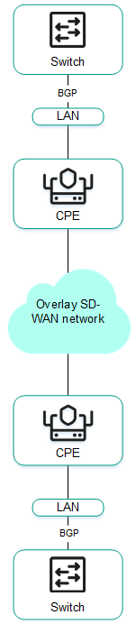 Схема, на которой два коммутатора подключены к устройствам CPE по протоколу BGP. Устройства CPE в свою очередь подключены через overlay-сеть SD-WAN.