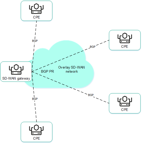 Схема, на которой настроена связность устройств CPE с помощью BGP через шлюз SD-WAN поверх наложенной сети SD-WAN.