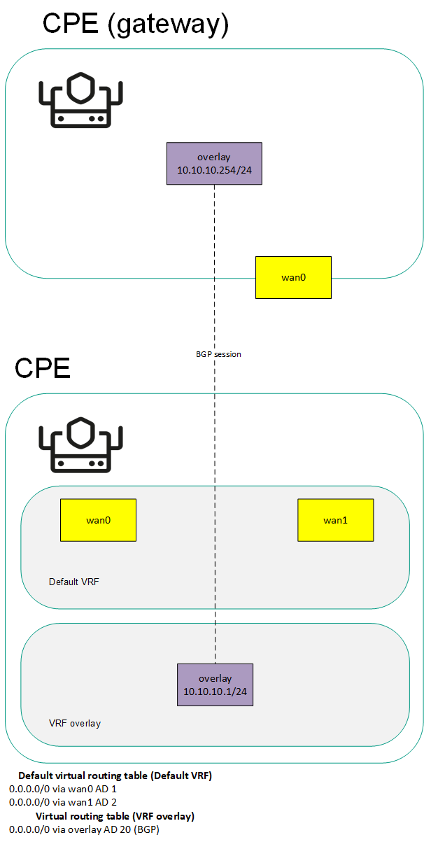 Сетевой интерфейс устройства CPE с ролью шлюз подключен к сетевому интерфейсу стандартного устройства. При этом сетевой интерфейс стаднартного устройства CPE для обмена BGP-маршрутами добавлен в отдельную виртуальную таблицу маршрутизации.