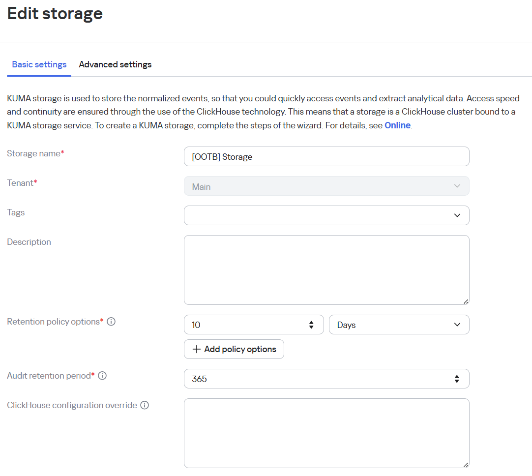 Configuring storage in KUMA