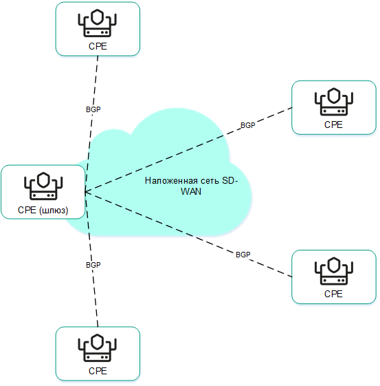 Схема, на которой настроена связность устройств CPE с помощью BGP через шлюз SD-WAN поверх наложенной сети SD-WAN.