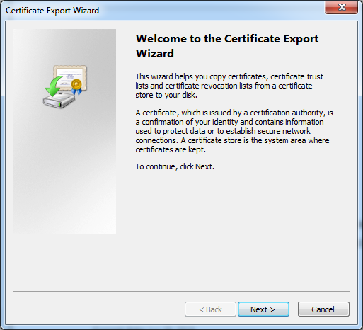 Certificate Export Wizard. Welcome window.