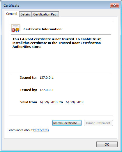 Certificate window. General tab.