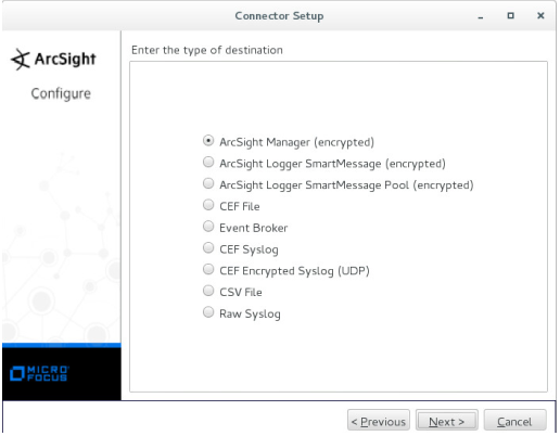 "Connector Setup" window. Type of destination. Selected variant "ArcSight Manager (encrypted)".