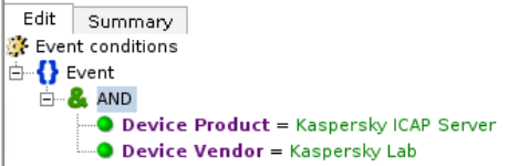 Events conditions. DeviceProduct = Kaspersky ICAP Server AND DeviceVendor = Kaspersky Lab.