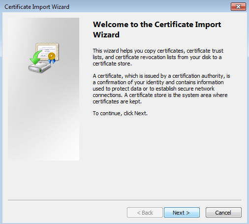 Certificate Import Wizard. Welcome window.