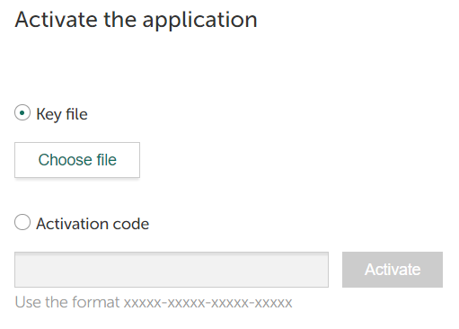 Form for choosing a key file or entering an activation code.