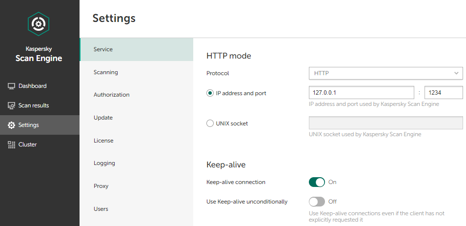 Several service settings for HTTP mode: Protocol, IP address and port, Keep-alive connection.