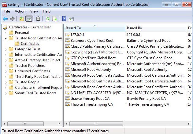 Список сертификатов. Выбрано Certificates в разделе Trusted Root Certification Authorities.