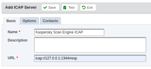 Параметры ICAP-сервера: Name = Kaspersky Scan Engine ICAP, URL = icap://IP_address:1344/resp.