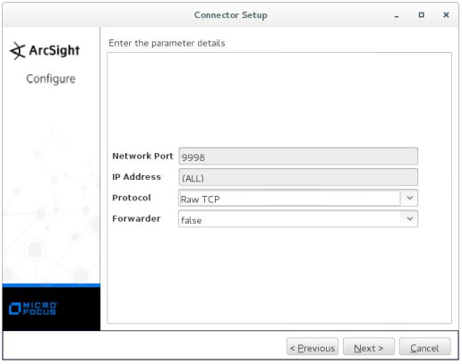 Окно "Connector Setup". Network port = 9998, IP Address = (ALL), Protocol = Raw TCP, Forwarder = false.