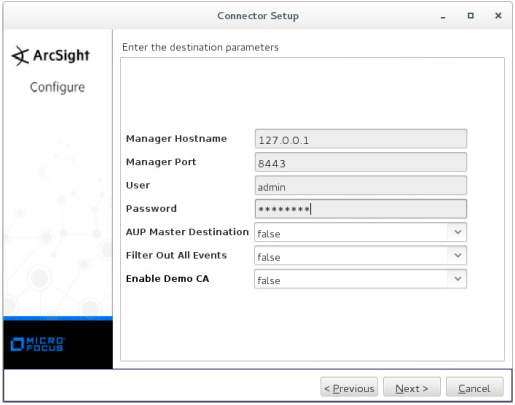 Окно "Connector Setup". Manager Hostname = 127.0.0.1, Manager Port = 8443, User = admin, Password is hidden, AUP Master Destination = false, Filter Out All Events = false, Enable Demo CA = false.