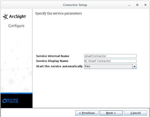 Окно "Connector Setup". Service Internal Name = smartConnector, Service Display Name = KL Smart Connector, Start the service automatically = Yes.