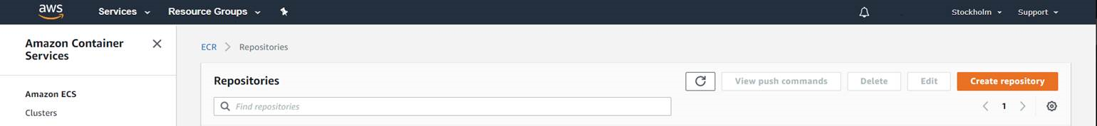 Консоль управления AWS, Repositories. Кнопка "Create repository".