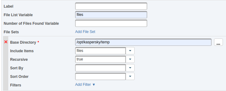 File List Variable = files, Base Directory = /opt/kaspersky/temp.
