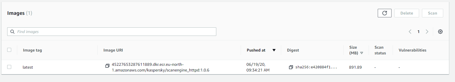 Docker-образ Kaspersky Scan Engine в списке образов Docker.