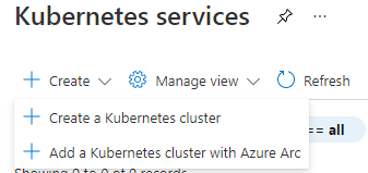 Пункты меню "Create": "Create a Kubernetes cluster" и "Add a Kubernetes cluster with Azure Arc".