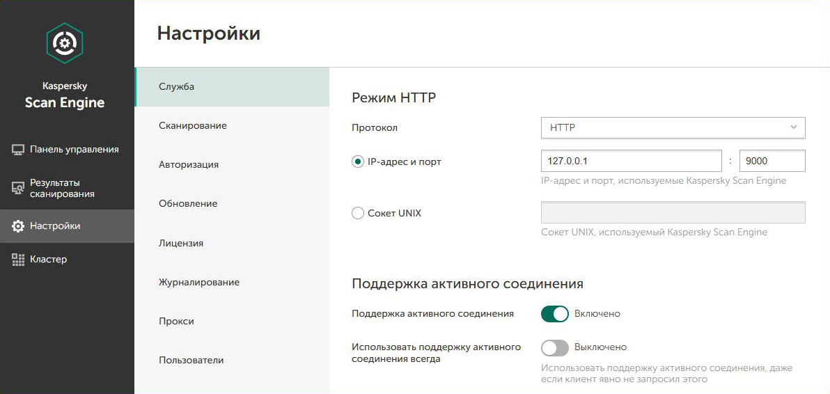 Некоторые настройки службы для режима HTTP: протокол, IP-адрес и порт, активное соединение.