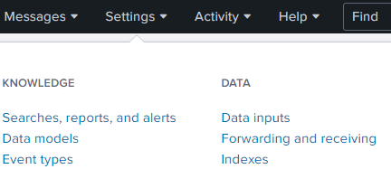 Меню "Settings" Splunk.