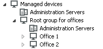 В узел Управляемые устройства входит папка Корневая группа для офисов, содержащая Серверы администрирования, и группы Офис 1 и Офис 2.